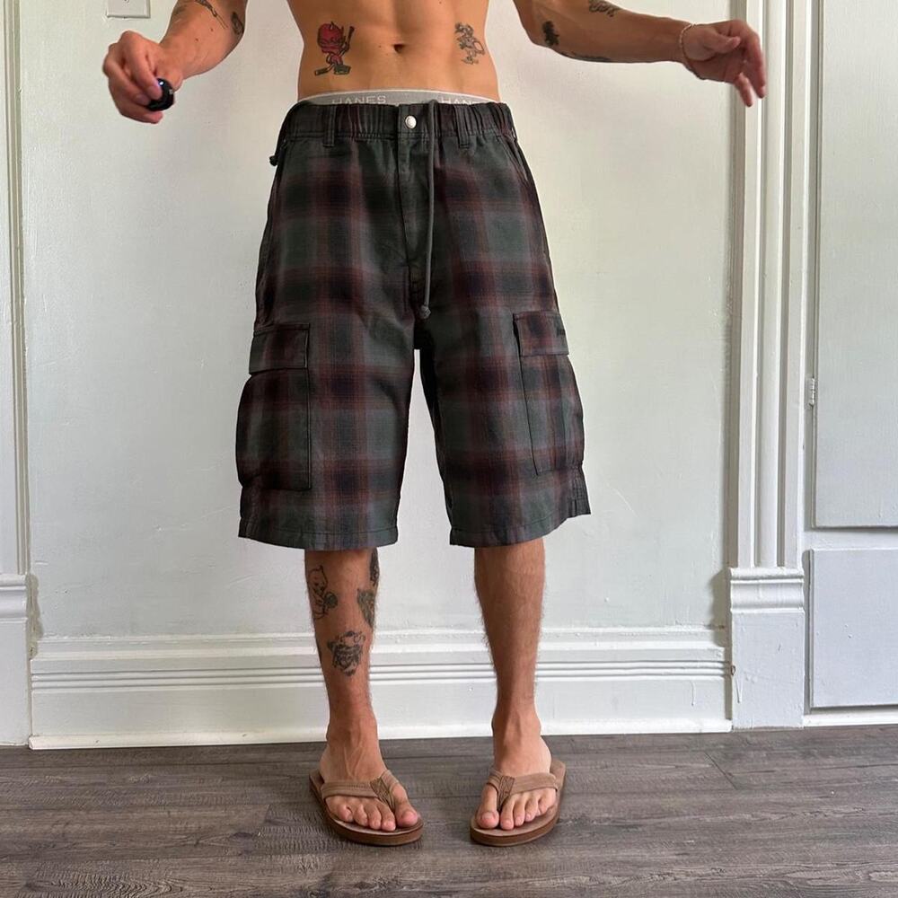 Rare SS25 Supreme Tartan Brown Green Plaid Long Baggy Elastic Tie Cargo Shorts